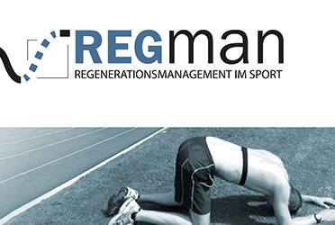 Das Bild zeigt das Logo des Projekts REGman sowie ein Foto eines erschöpften Läufers, der einen Pulsgurt um den Oberkörper trägt. (verweist auf: Ankündigung 2. REGman-Workshop in Mainz)